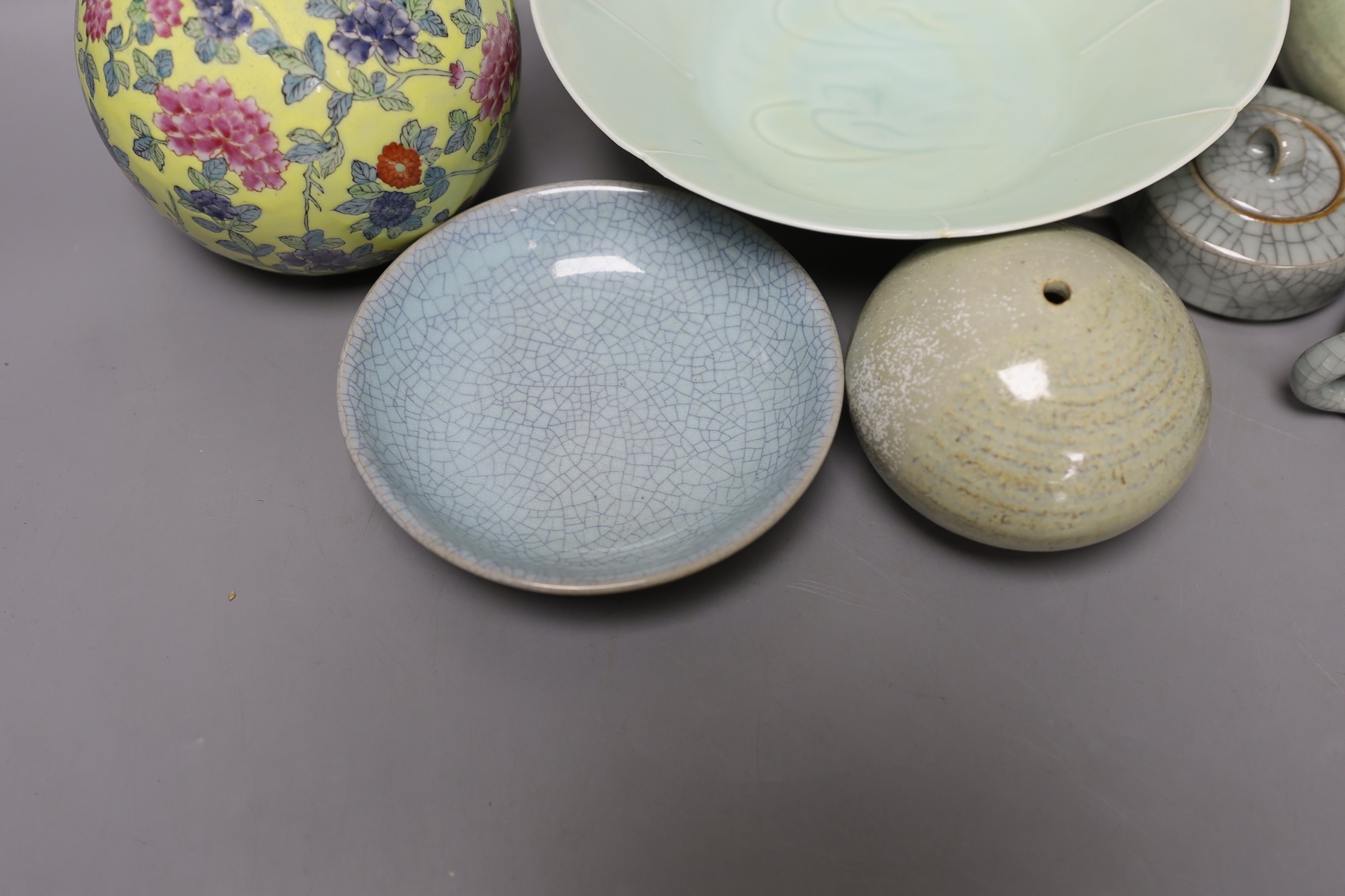 A group of Chinese crackle glaze ceramics, a yellow ground vase, celadon glazed bowl etc